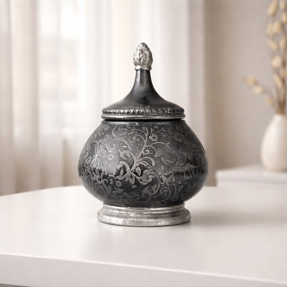 Black Crackle Glaze Ceramic Ginger Jar Silver Floral Embossed Decorative Urn Lid